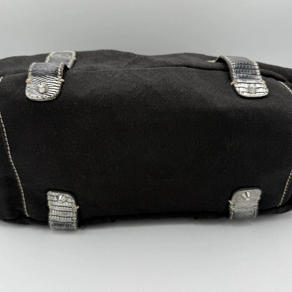 Vintage Y2K GUESS Black Monogram‎ Pleated Shoulder Bag Rhinestone Logo Croc Hobo